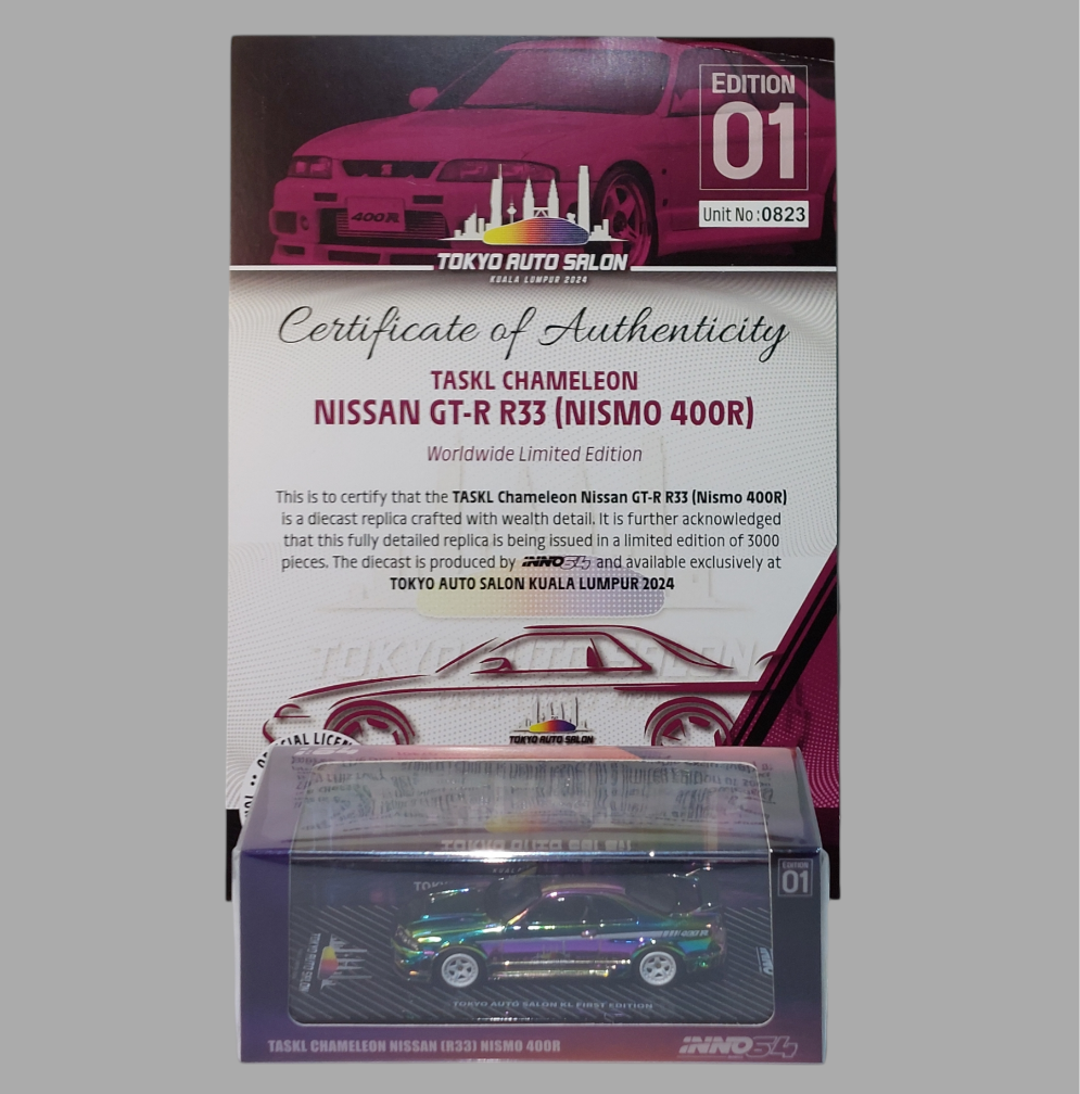 INNO64 NISSAN GT-R R33 (NISMO 400R) CHAMELEON TASKL 2024 W CERTIFICADO (Certificado dañado)