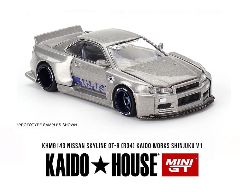 Kaido House x Mini GT 1:64 Nissan Skyline GT-R (R34) Kaido Works SHINJUKU V1 – Plata