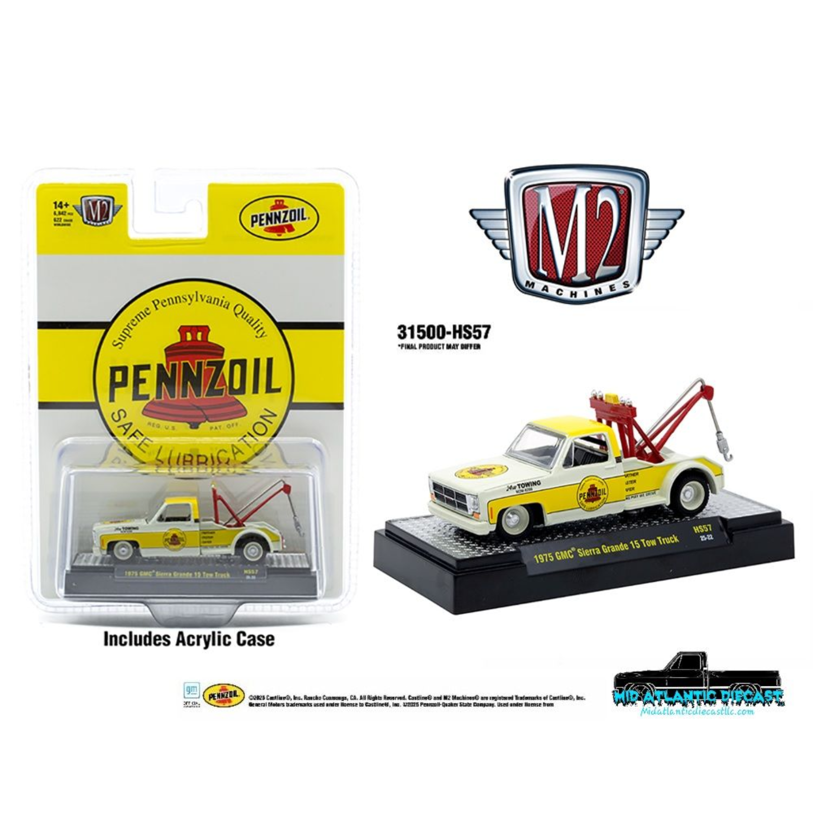 M2 Machines 1:64 1975 GMC Sierra Grande 15 Tow Truck Pennzoil yellow hobby exclusive diecast