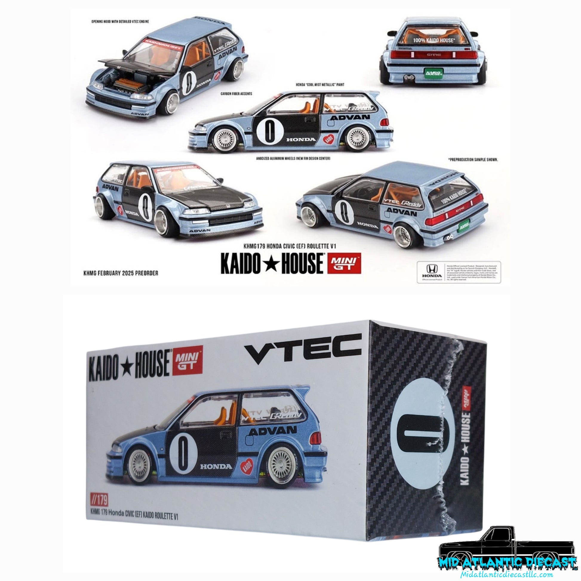 Mini GT × Kaido House Honda Civic (EF) Kaido Roulette V1 KHMG179 1:64 diecast car – factory sealed collector model