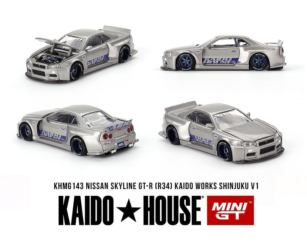 Mini GT × Kaido House Nissan Skyline (R34) Kaido Works Shinjuku V1 KHMG143 1:64 diecast car – factory sealed collector model