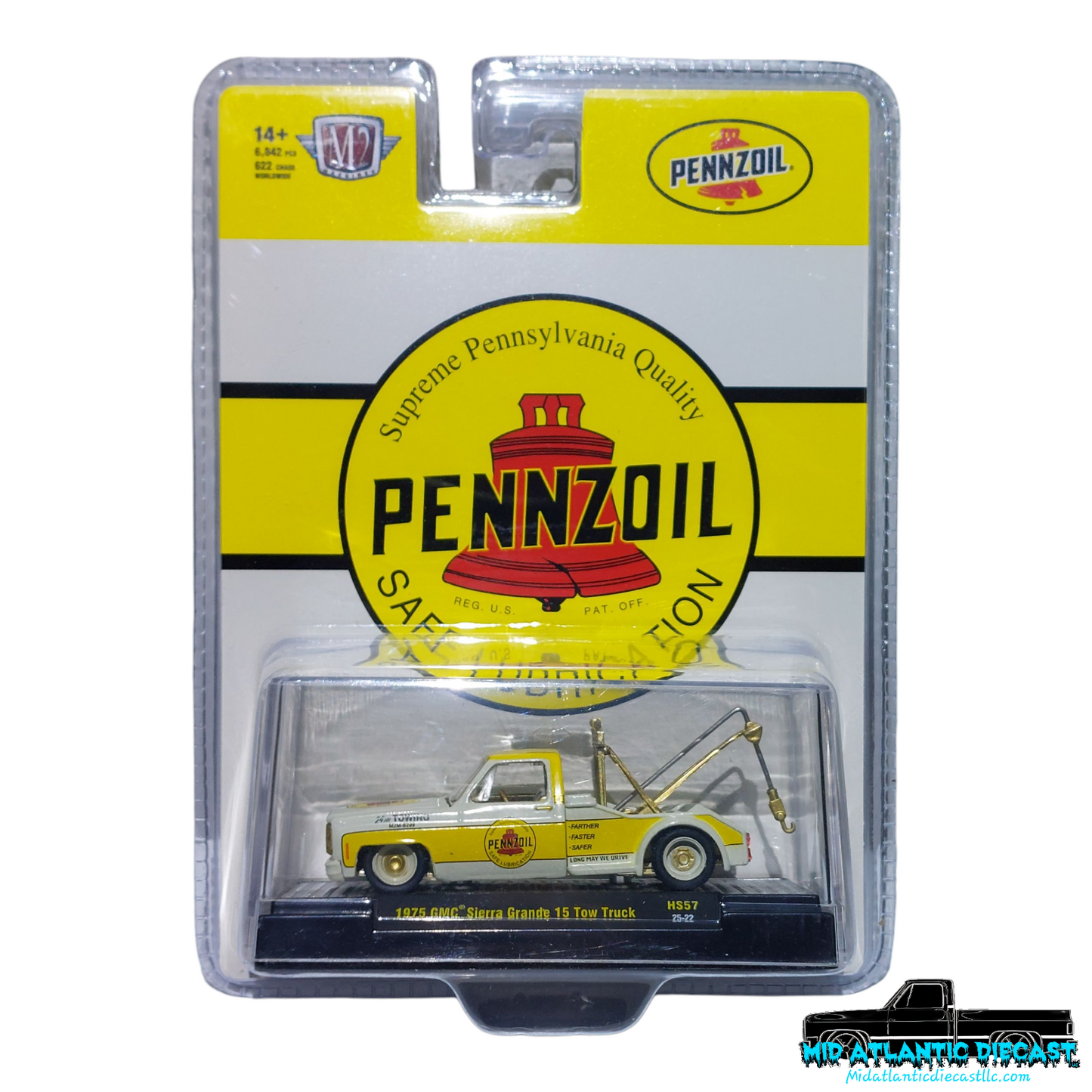 M2 Machines 1:64 1975 GMC Sierra Grande 15 Tow Truck Penzoil – Yellow- Hobby Exclusive Chase