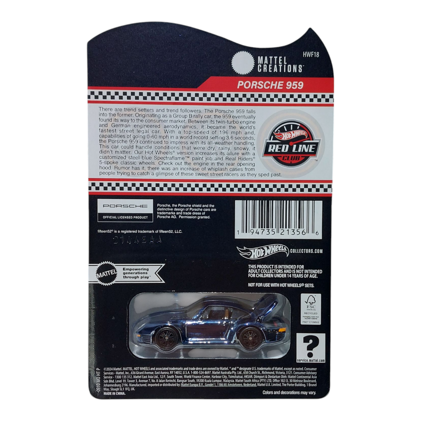 Hot Wheels 2023 RLC Red Line Club Blue 1986 Porsche 959 HWF18