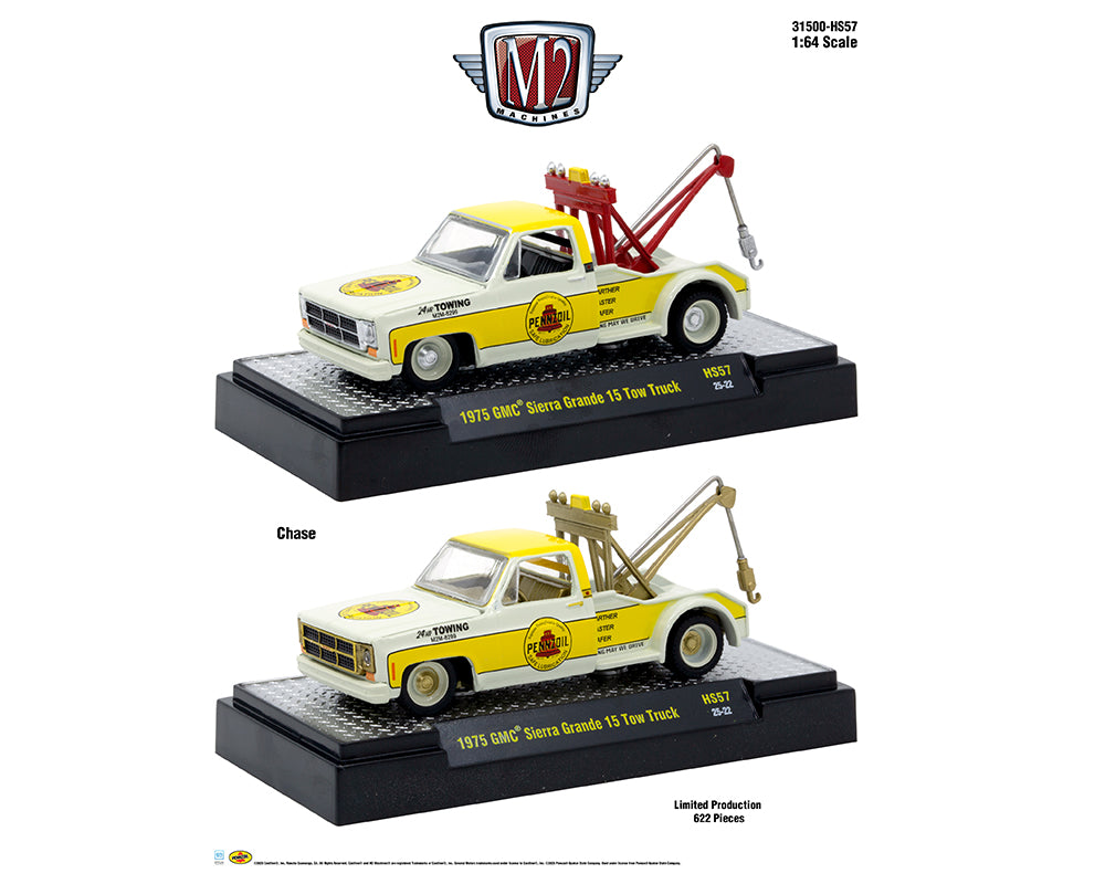 M2 Machines 1:64 1975 GMC Sierra Grande 15 Tow Truck Penzoil – Yellow- Hobby Exclusive Chase