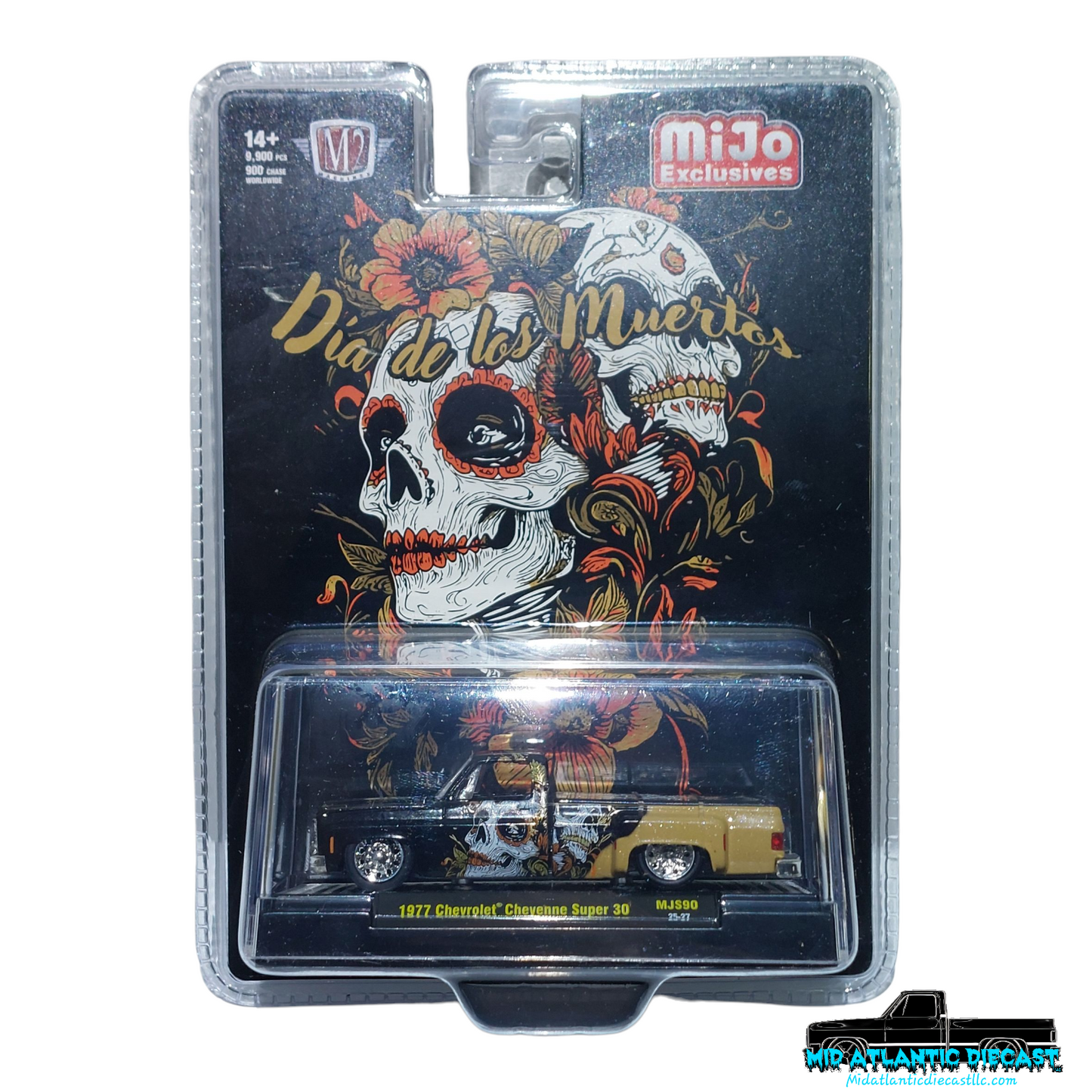 M2 Machines 1:64 1977 Chevrolet Cheyenne Super 30 “Dia De Los Muertos” Black/Gold MiJo Exclusive Limited Edition Diecast Truck