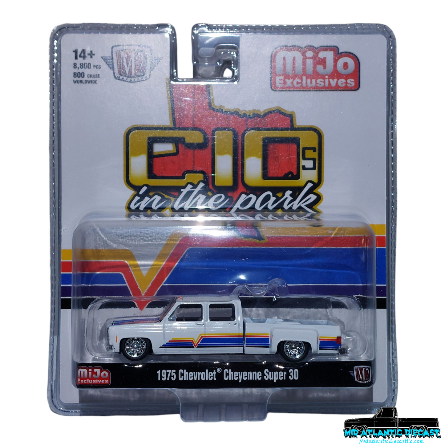 M2 Machines 1:64 1975 Chevrolet Cheyenne Super 30 Dually White C10s In The Park MiJo Exclusive Diecast Truck