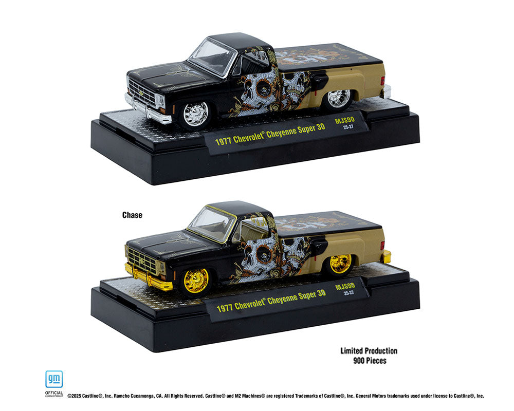 M2 Machines Chase 1:64 1977 Chevrolet Cheyenne Super 30 “Dia De Los Muertos” Black/Gold MiJo Exclusive Limited Edition Diecast Truck