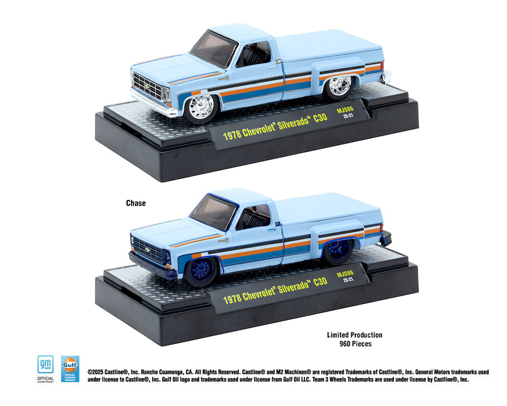 M2 Machines 1:64 1978 Chevrolet Silverado C30 Custom GULF – Blue – MiJo Exclusives Limited Edition Chase