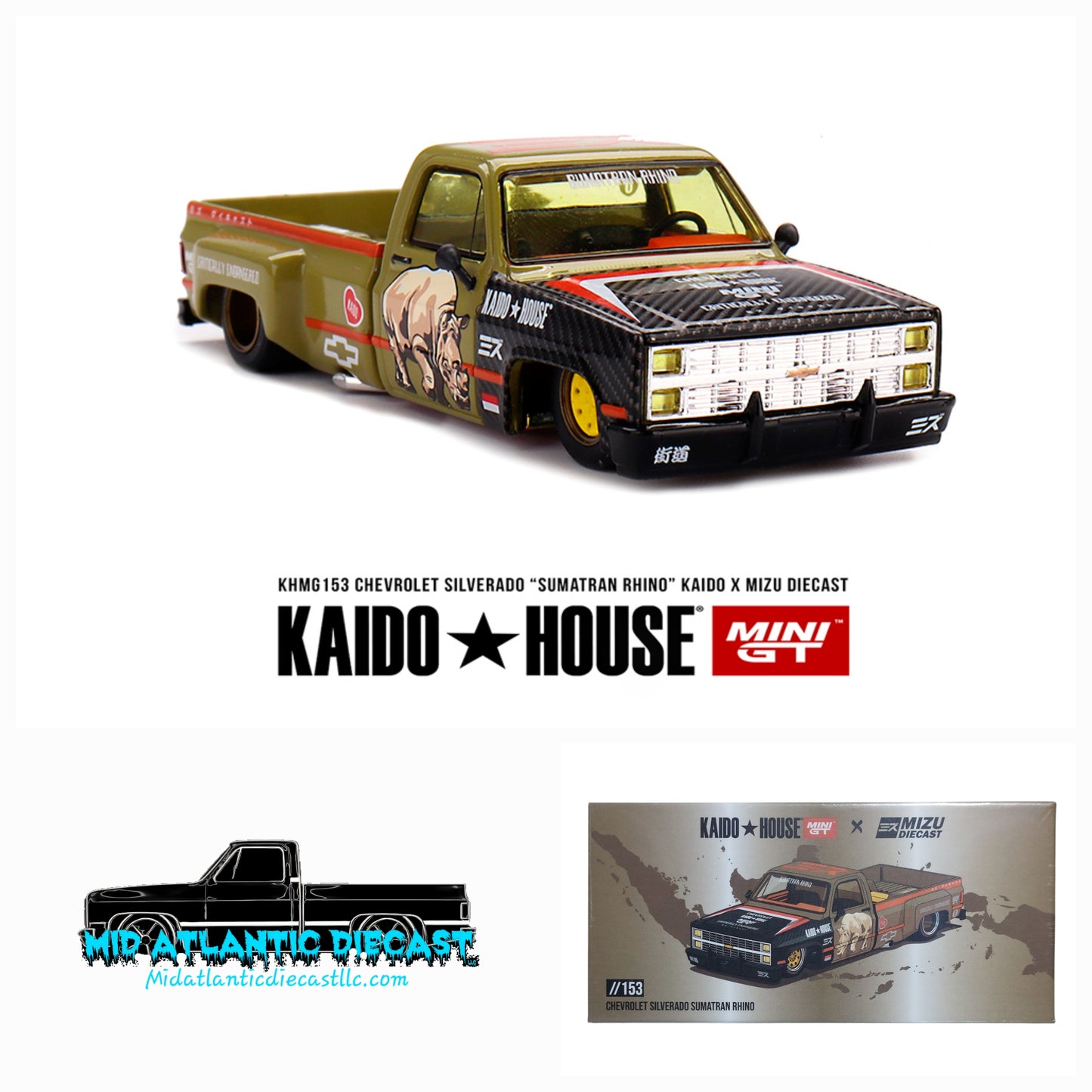 Kaido House x Mini GT x Mizu Diecast Chevy Silverado Sumatran Rhino #153 1/64